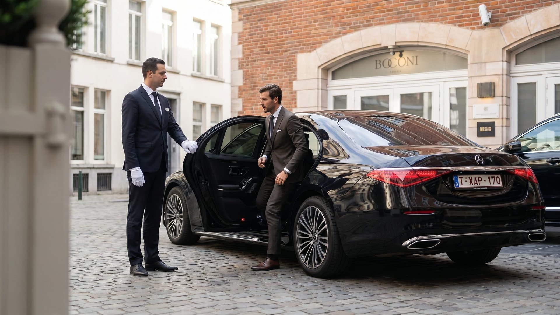 Chauffeur en gants blancs ouvrant la portière arrière d'une Mercedes Classe S devant l'Hôtel Amigo à Bruxelles