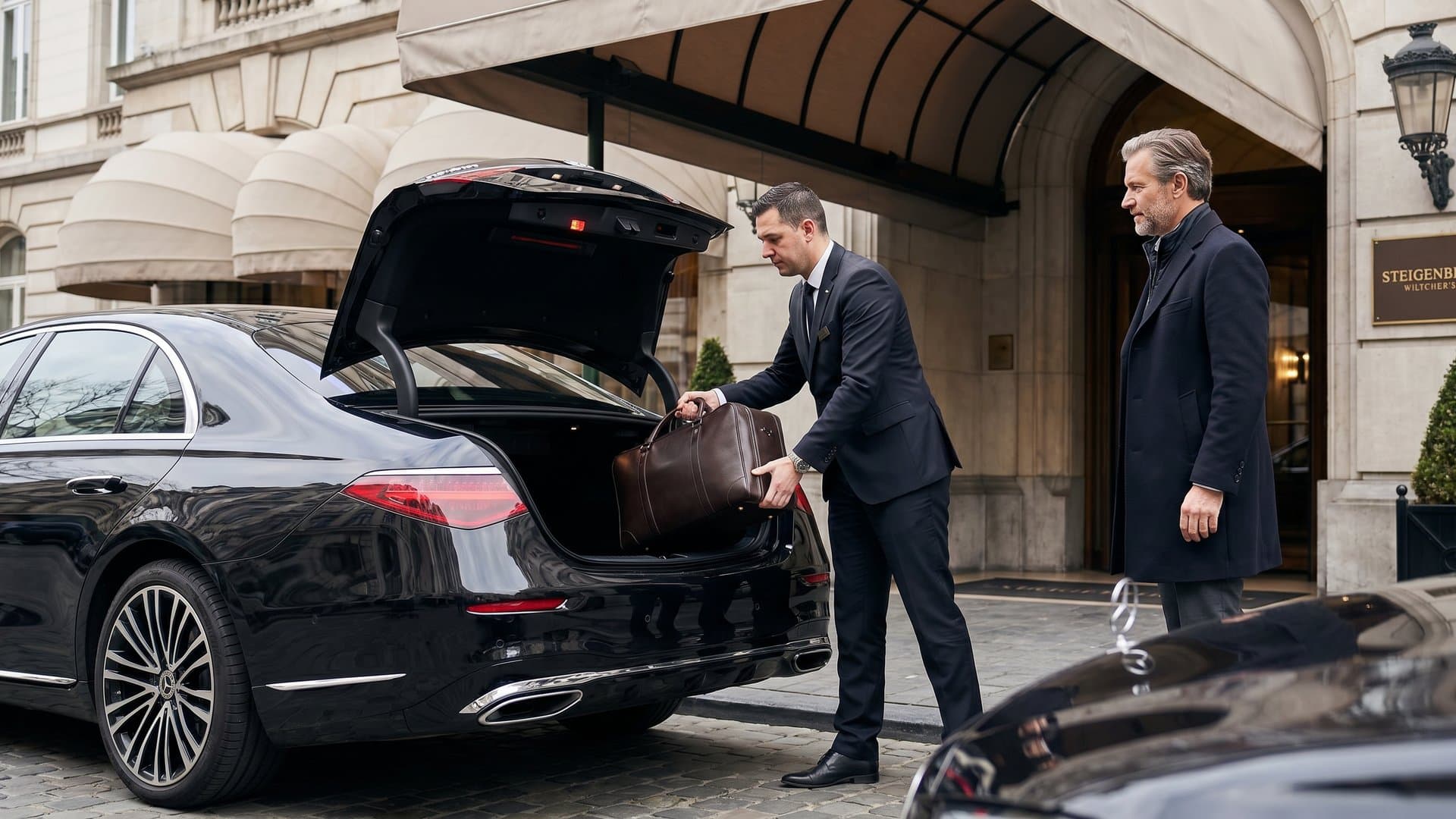 Chauffeur chargeant les bagages avec soin dans une Mercedes Classe S au Steigenberger Wiltcher's à Bruxelles