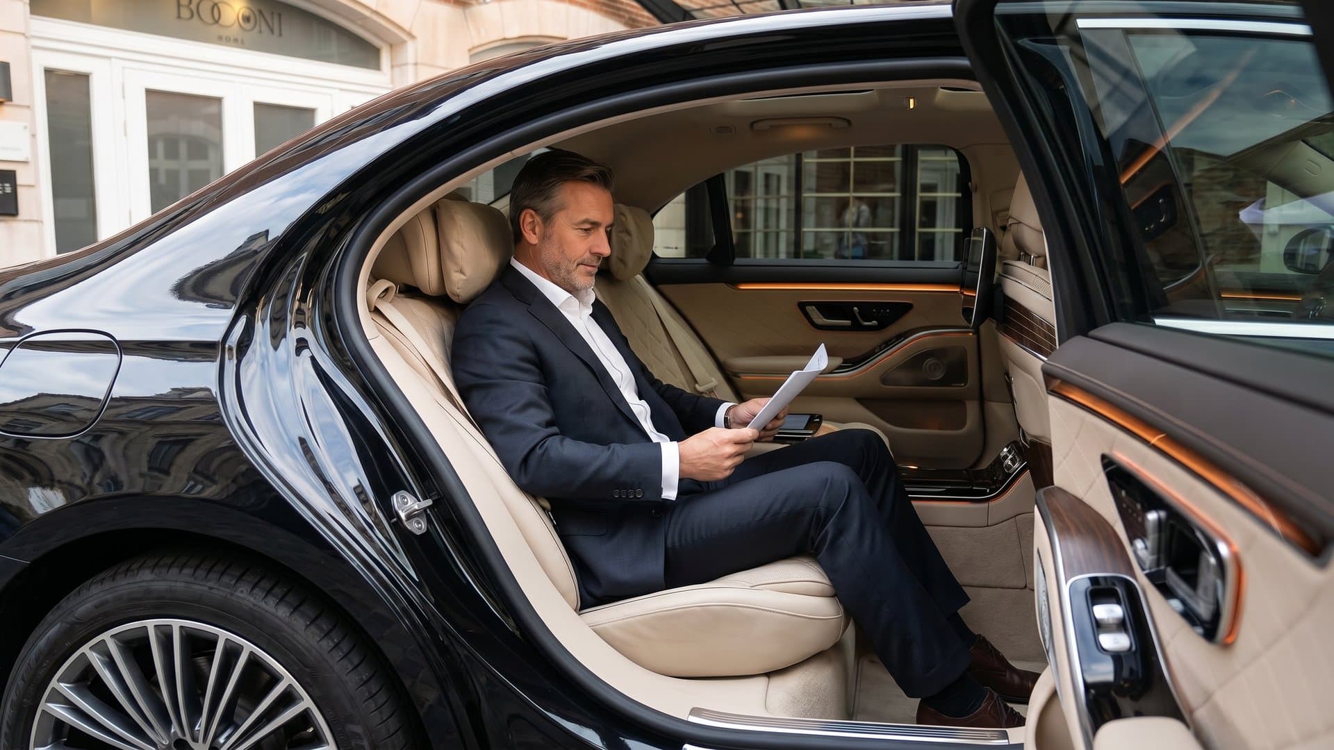 Client installé confortablement à l'arrière d'une Mercedes Classe S
