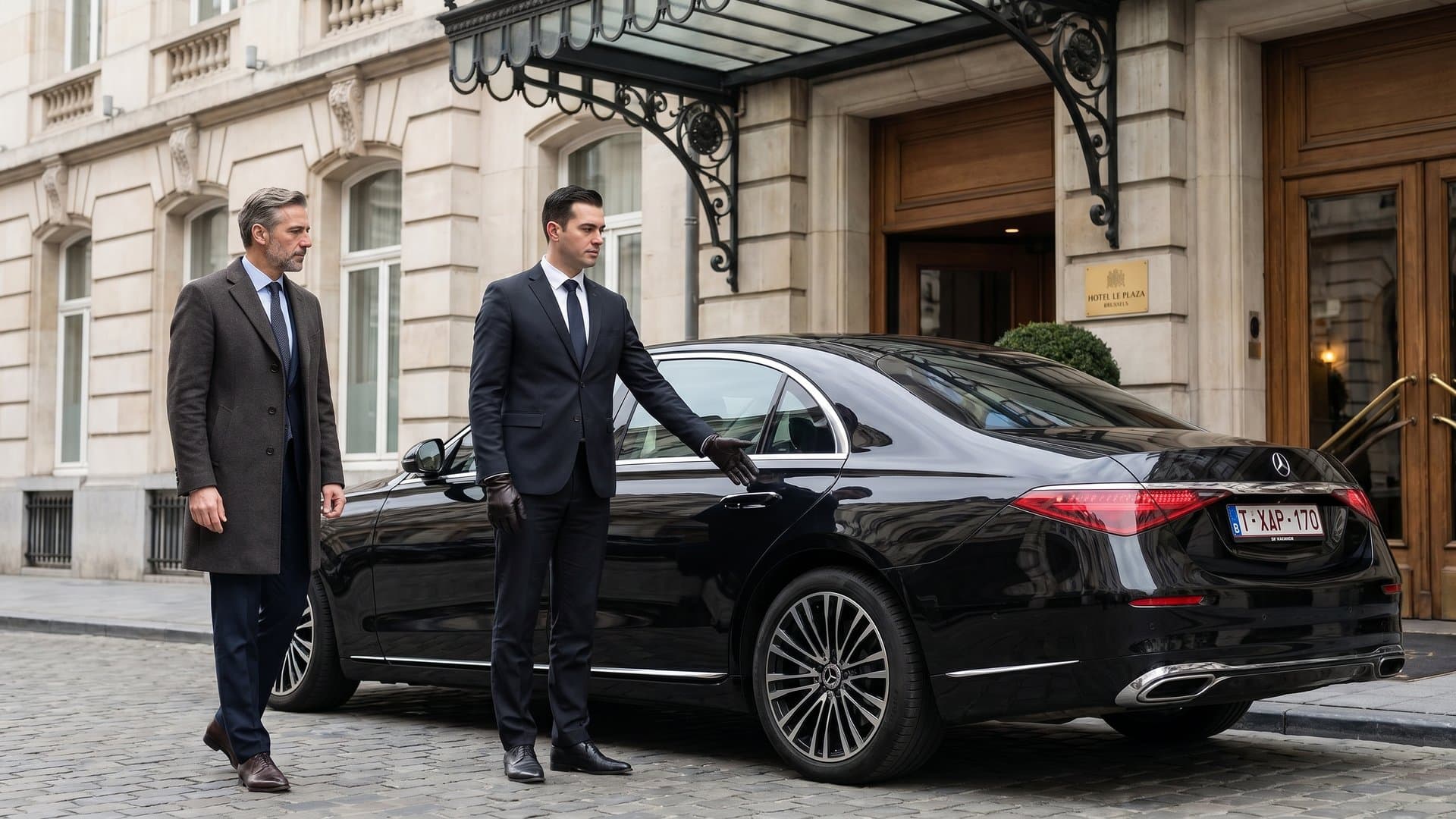 Chauffeur accueillant courtoisement un client près d'une Mercedes Classe S à l'Hôtel Le Plaza à Bruxelles