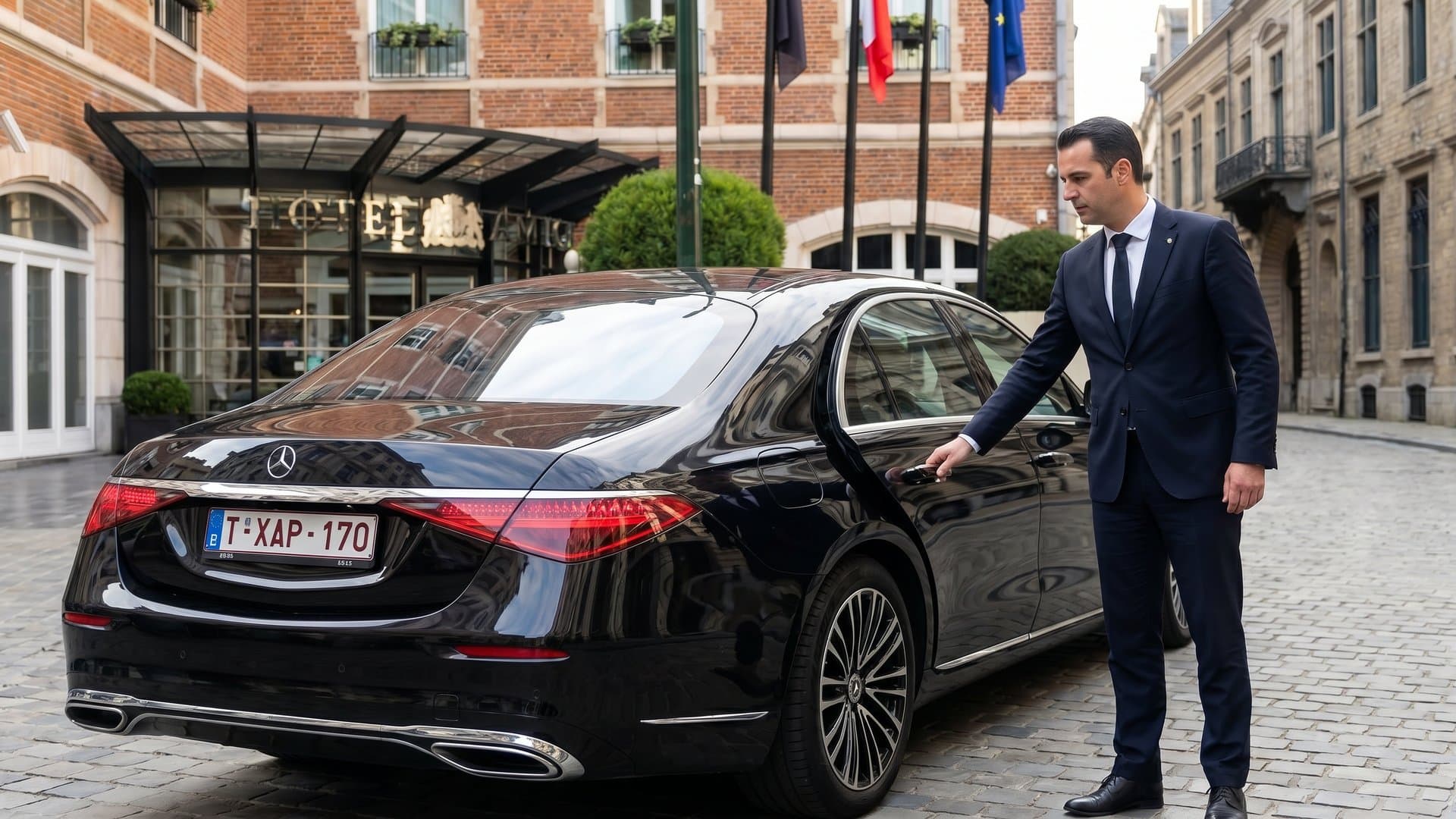 Chauffeur fermant la portière arrière d'une Mercedes Classe S dans une rue élégante de Bruxelles près de l'Hôtel Amigo